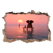 Vinilo agujero pared 3d elefante y perro